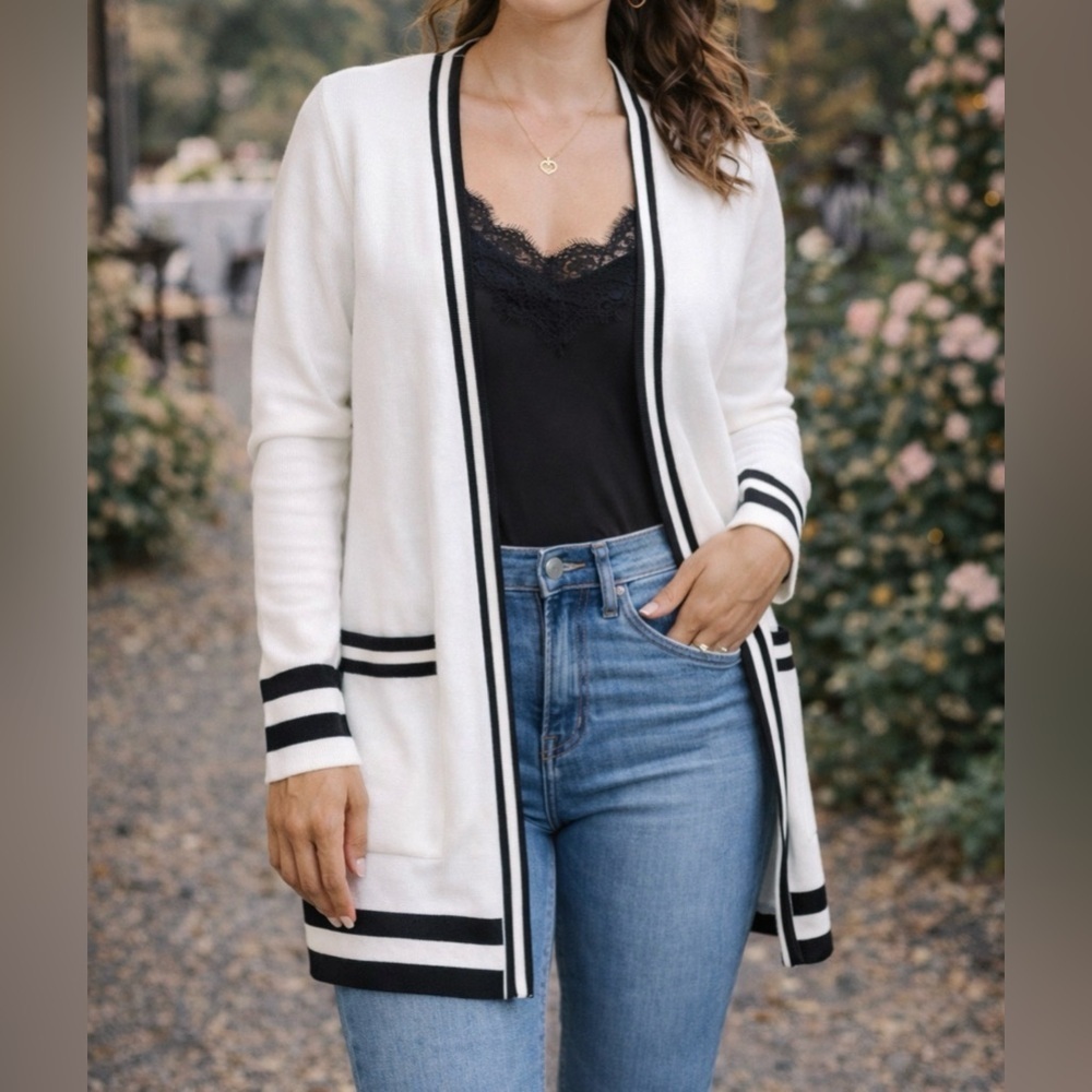 White long cardigan with black striped trim